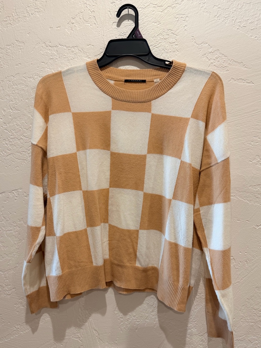 T Tahari Checkerboard Crewneck Sweater in Camel & Cream